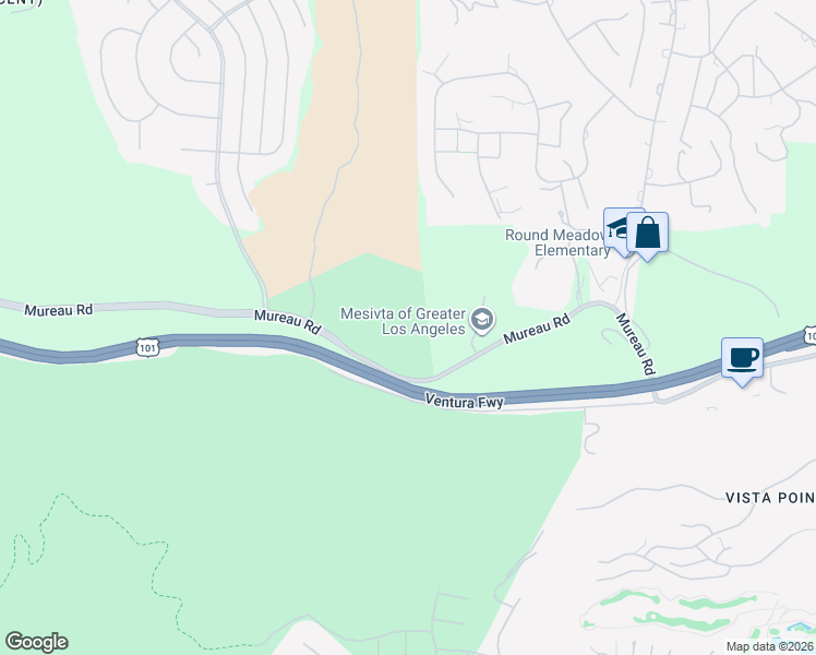 map of restaurants, bars, coffee shops, grocery stores, and more near 25115 Mureau Road in Hidden Hills