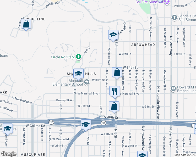 map of restaurants, bars, coffee shops, grocery stores, and more near 630 West 33rd Street in San Bernardino