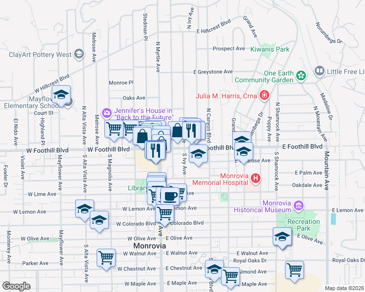 map of restaurants, bars, coffee shops, grocery stores, and more near 115 North Ivy Avenue in Monrovia