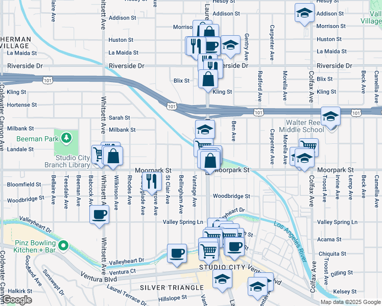 map of restaurants, bars, coffee shops, grocery stores, and more near 4437 Vantage Avenue in Los Angeles