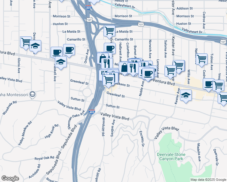 map of restaurants, bars, coffee shops, grocery stores, and more near 4506 Saugus Avenue in Los Angeles