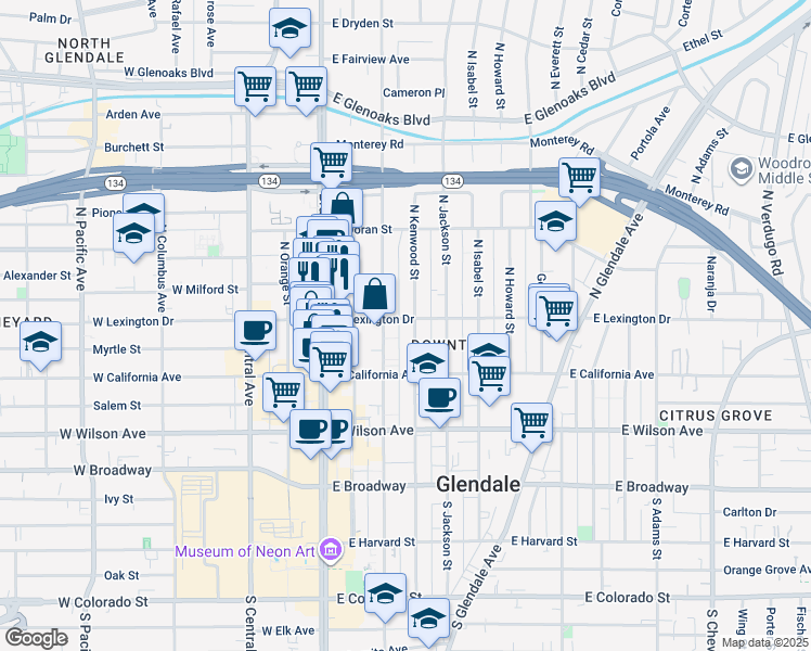 map of restaurants, bars, coffee shops, grocery stores, and more near 345 North Kenwood Street in Glendale