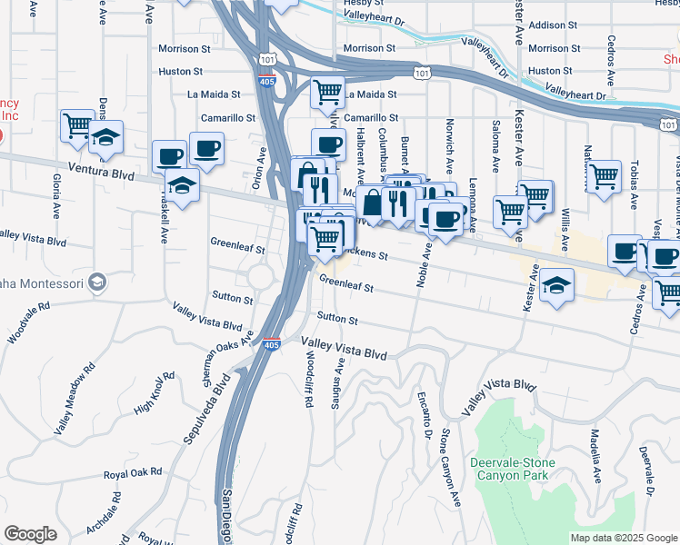 map of restaurants, bars, coffee shops, grocery stores, and more near 4506 Saugus Avenue in Los Angeles