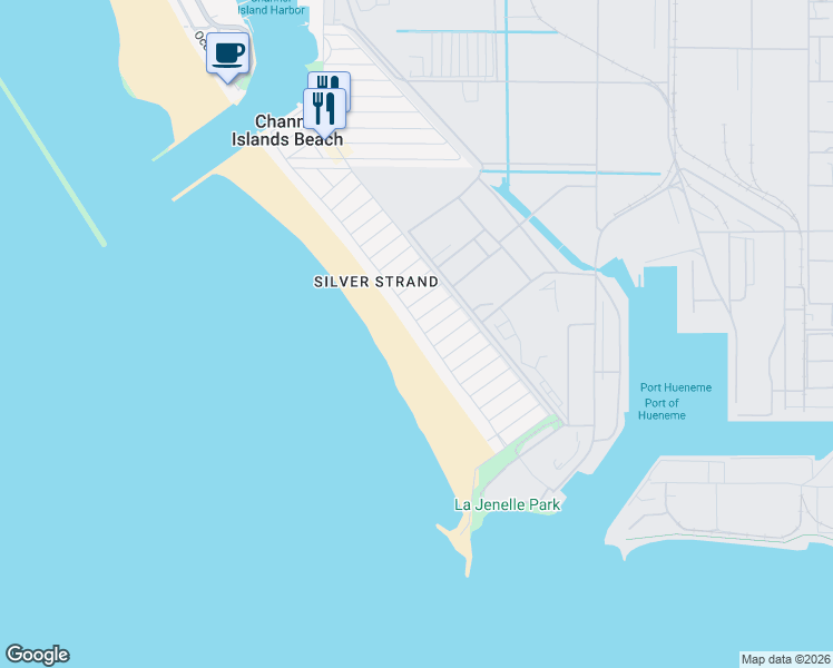map of restaurants, bars, coffee shops, grocery stores, and more near 1105 Ocean Drive in Oxnard