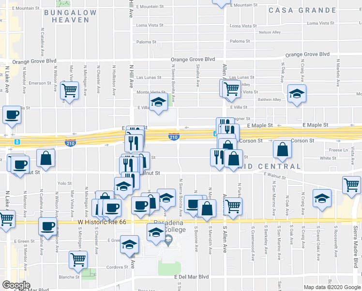 map of restaurants, bars, coffee shops, grocery stores, and more near 1588 Corson Street in Pasadena