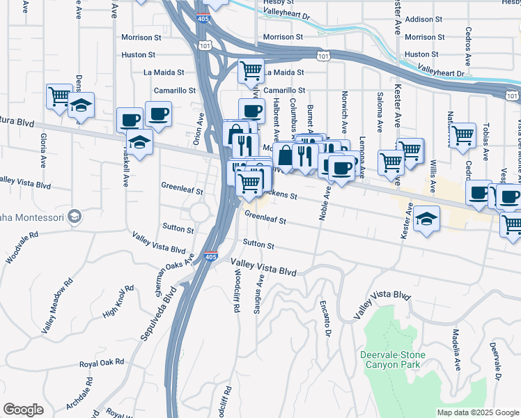 map of restaurants, bars, coffee shops, grocery stores, and more near 15248 Dickens Street in Los Angeles