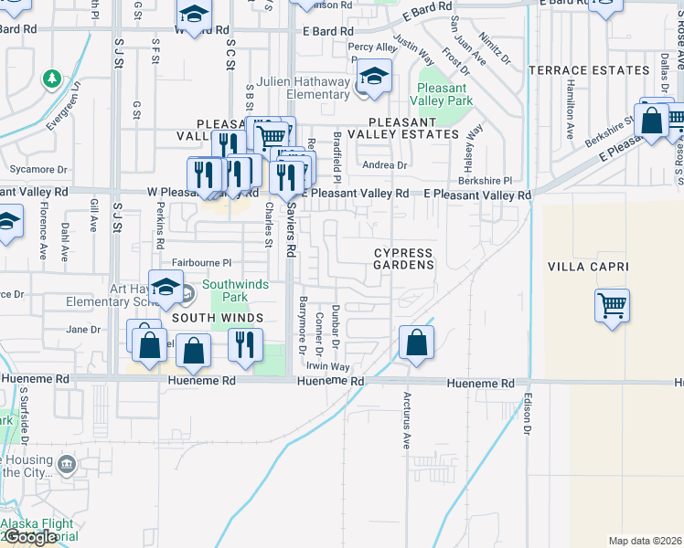 map of restaurants, bars, coffee shops, grocery stores, and more near 317 Field Street in Oxnard
