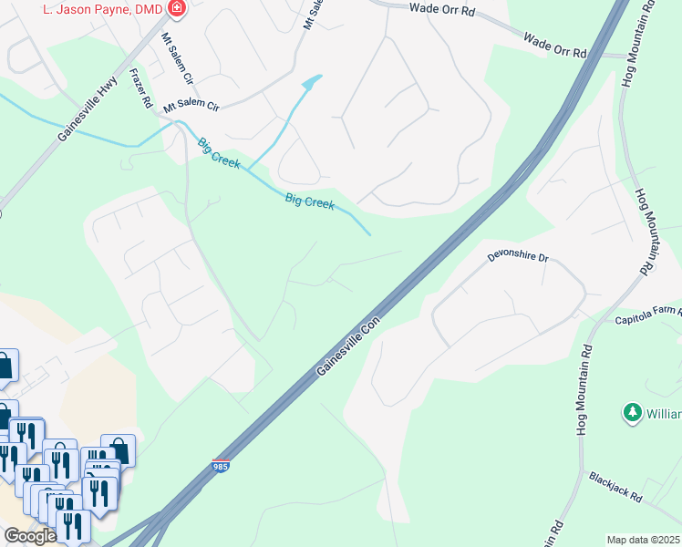 map of restaurants, bars, coffee shops, grocery stores, and more near 5540 Wood Falls Drive in Flowery Branch