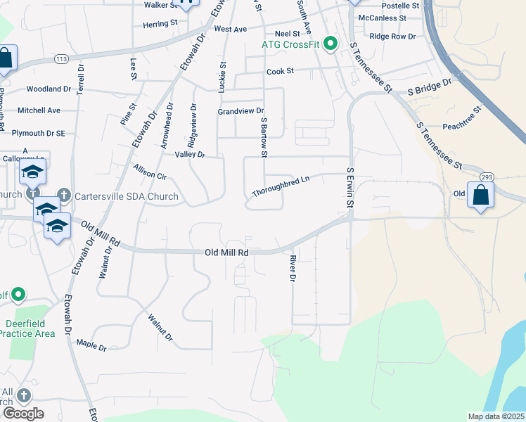 map of restaurants, bars, coffee shops, grocery stores, and more near 63 Saddle Brook Drive in Cartersville