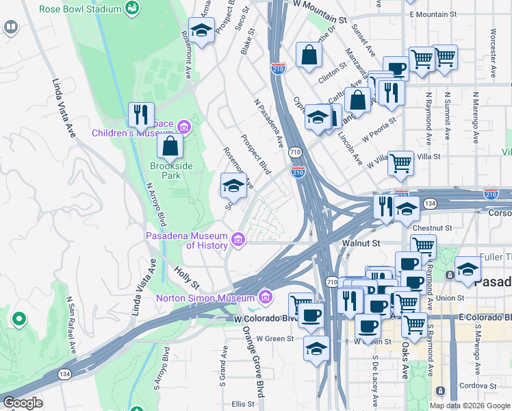 map of restaurants, bars, coffee shops, grocery stores, and more near 356 North Orange Grove Boulevard in Pasadena