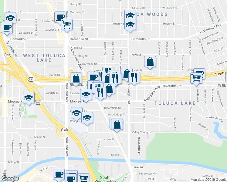 map of restaurants, bars, coffee shops, grocery stores, and more near 4445 Cartwright Avenue in Los Angeles