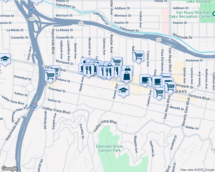 map of restaurants, bars, coffee shops, grocery stores, and more near 14919 Dickens Street in Los Angeles