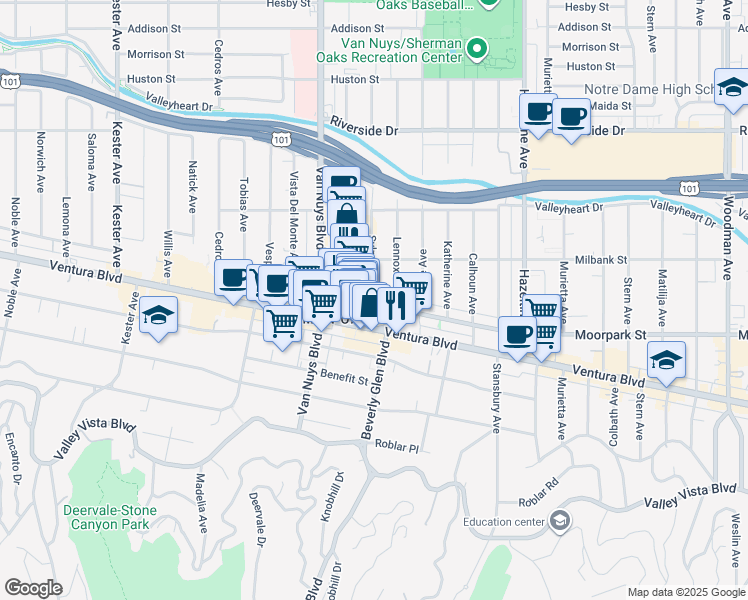map of restaurants, bars, coffee shops, grocery stores, and more near 13543 Moorpark Street in Los Angeles