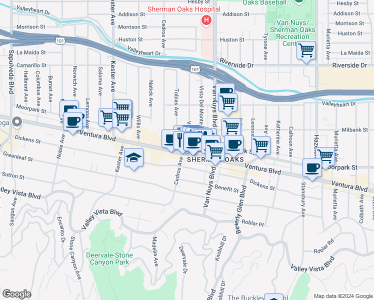 map of restaurants, bars, coffee shops, grocery stores, and more near 14601 Ventura Boulevard in Los Angeles