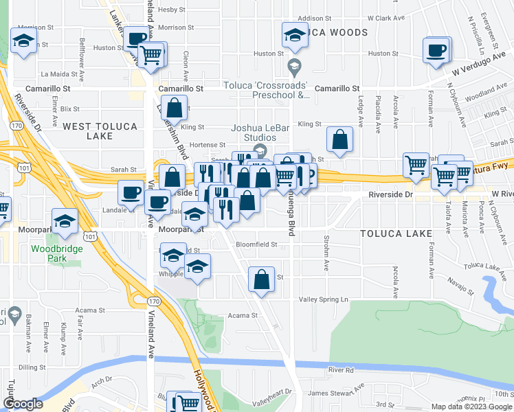 map of restaurants, bars, coffee shops, grocery stores, and more near 10654 Riverside Drive in Los Angeles