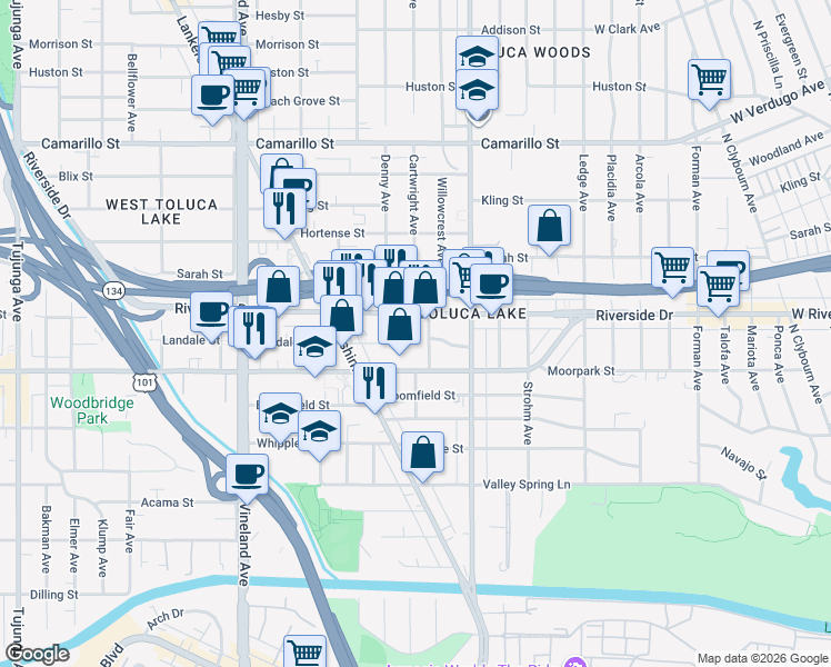 map of restaurants, bars, coffee shops, grocery stores, and more near 4445 Cartwright Avenue in Los Angeles