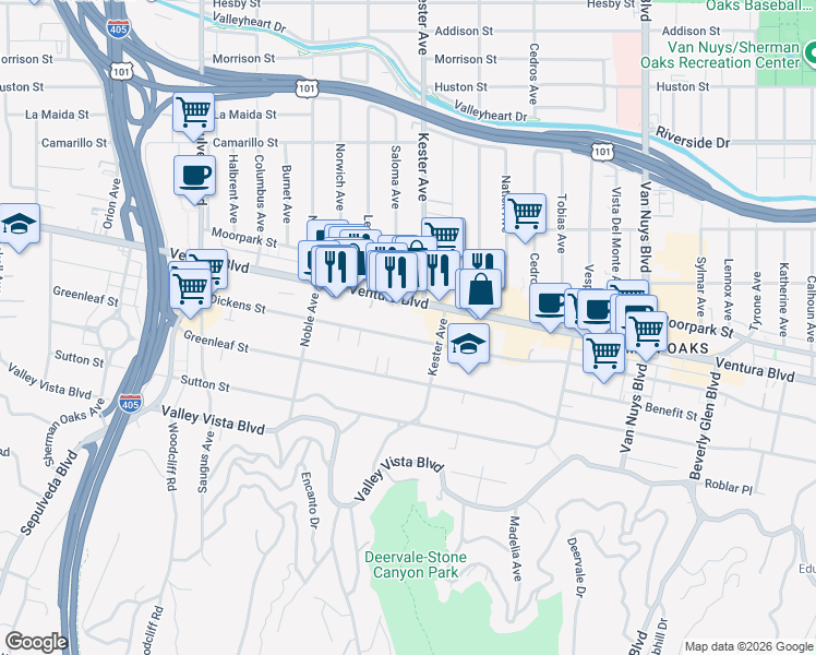 map of restaurants, bars, coffee shops, grocery stores, and more near 14919 Dickens Street in Los Angeles
