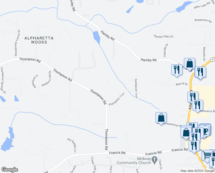 map of restaurants, bars, coffee shops, grocery stores, and more near 230 Plantation Cove in Alpharetta
