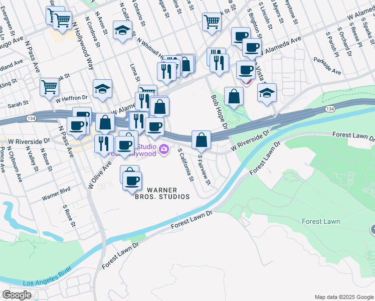 map of restaurants, bars, coffee shops, grocery stores, and more near 3200 West Riverside Drive in Burbank
