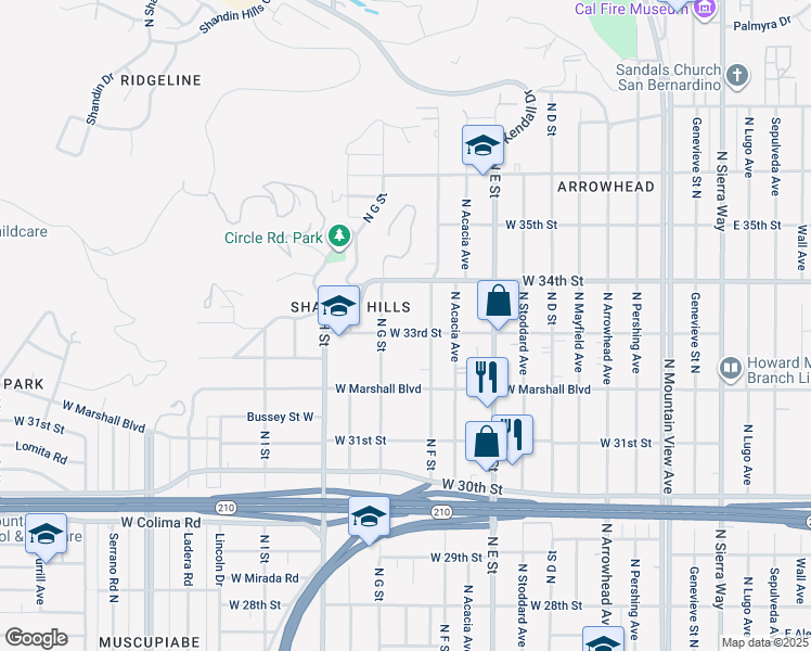 map of restaurants, bars, coffee shops, grocery stores, and more near 656 West 33rd Street in San Bernardino