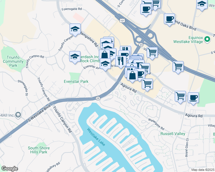 map of restaurants, bars, coffee shops, grocery stores, and more near 1049 Hampshire Road in Thousand Oaks
