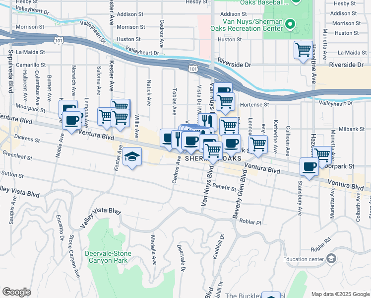 map of restaurants, bars, coffee shops, grocery stores, and more near 14601 Ventura Boulevard in Los Angeles