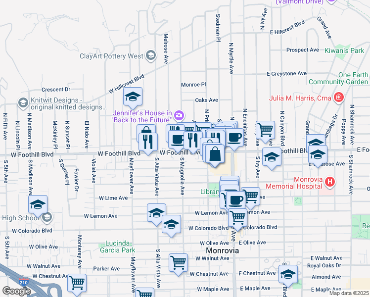map of restaurants, bars, coffee shops, grocery stores, and more near 114 North Magnolia Avenue in Monrovia