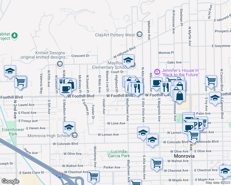 map of restaurants, bars, coffee shops, grocery stores, and more near 122 Highland Place in Monrovia