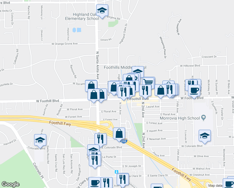 map of restaurants, bars, coffee shops, grocery stores, and more near 1129 Highland Oaks Drive in Arcadia