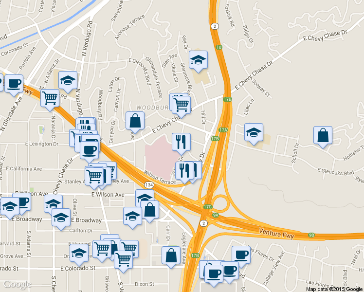 map of restaurants, bars, coffee shops, grocery stores, and more near 1702 Orchard Avenue in Glendale