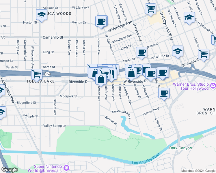map of restaurants, bars, coffee shops, grocery stores, and more near 10120 Riverside Drive in Los Angeles