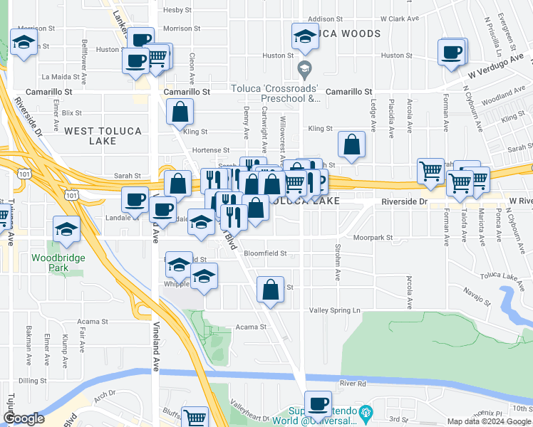 map of restaurants, bars, coffee shops, grocery stores, and more near 10654 Riverside Drive in Los Angeles