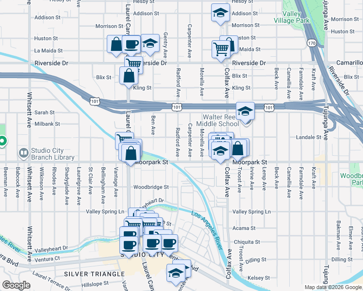 map of restaurants, bars, coffee shops, grocery stores, and more near 4458 Radford Avenue in Los Angeles