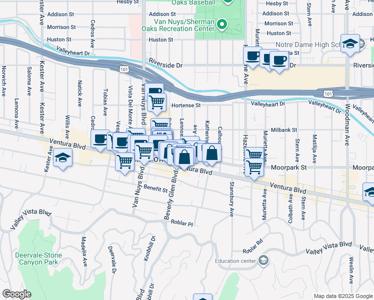 map of restaurants, bars, coffee shops, grocery stores, and more near 4435 Tyrone Avenue in Los Angeles