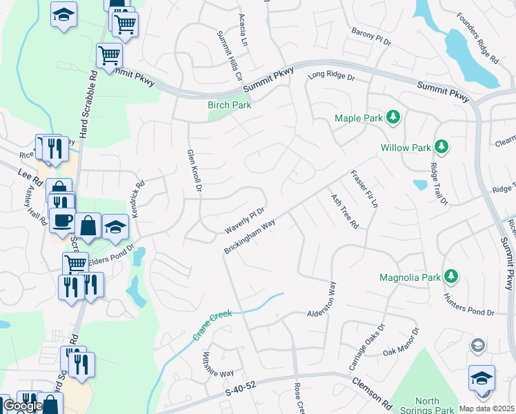 map of restaurants, bars, coffee shops, grocery stores, and more near 1225 Waverly Place Lane in Columbia