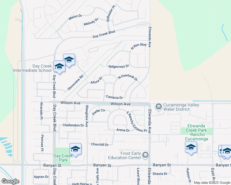 map of restaurants, bars, coffee shops, grocery stores, and more near 5675 West Overlook Drive in Rancho Cucamonga