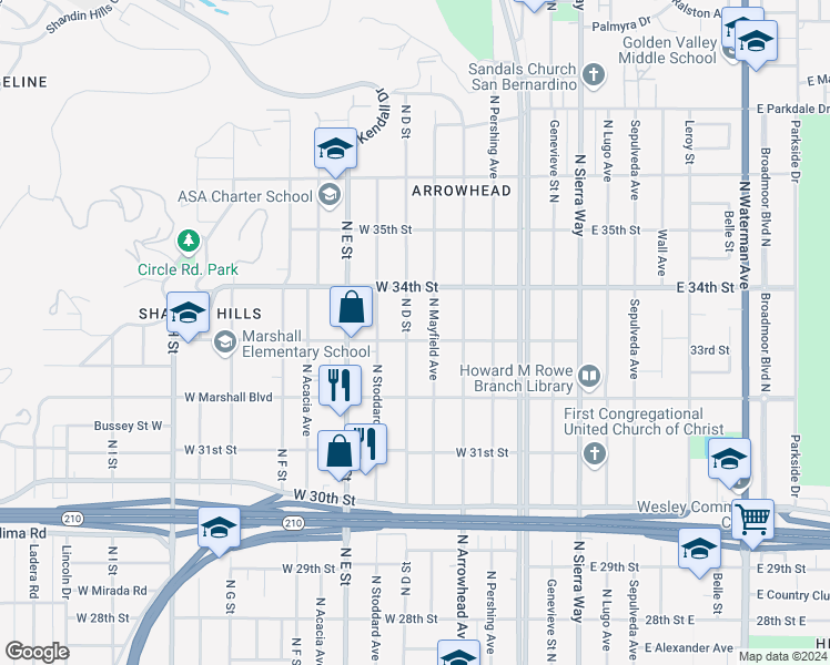 map of restaurants, bars, coffee shops, grocery stores, and more near in San Bernardino