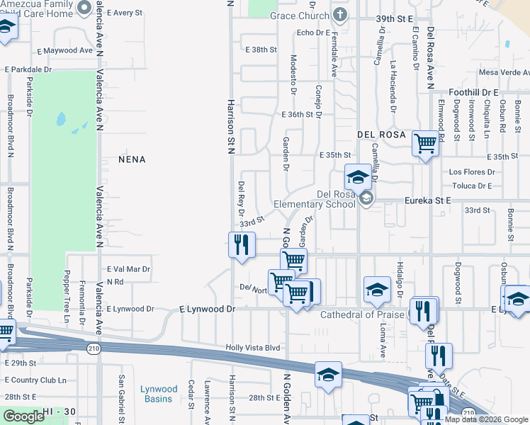 map of restaurants, bars, coffee shops, grocery stores, and more near 1174 33rd Street in San Bernardino