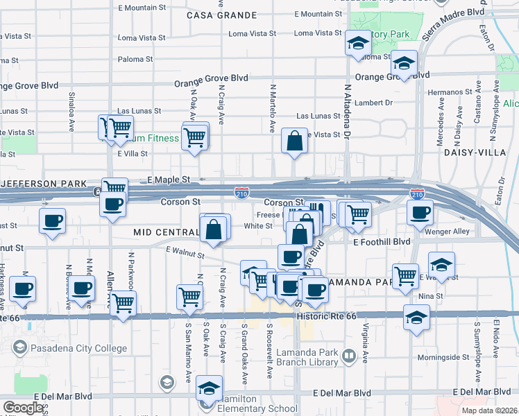 map of restaurants, bars, coffee shops, grocery stores, and more near 314 Lola Avenue in Pasadena