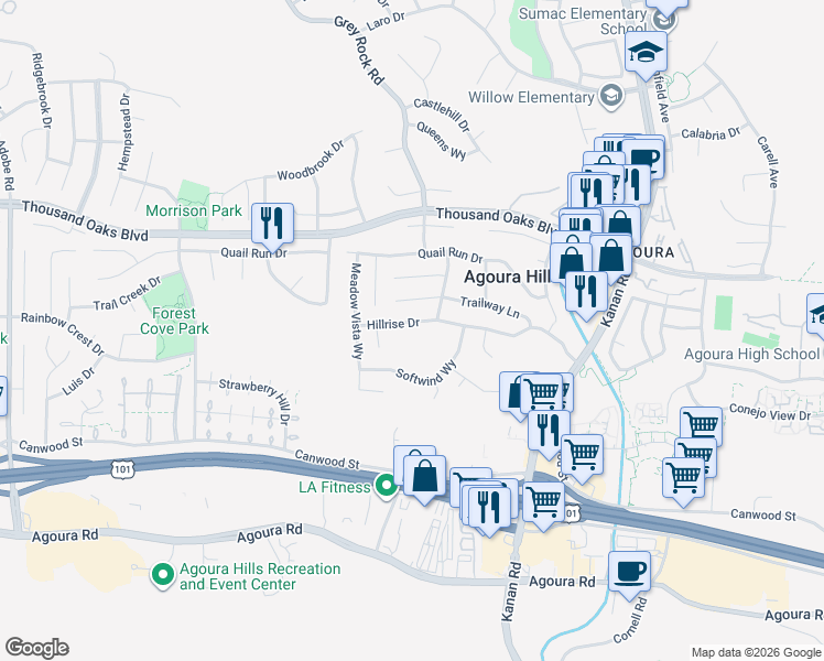 map of restaurants, bars, coffee shops, grocery stores, and more near 29392 Hillrise Drive in Agoura Hills