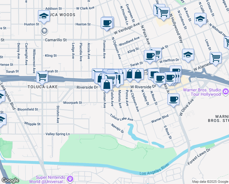 map of restaurants, bars, coffee shops, grocery stores, and more near 10120 Riverside Drive in Los Angeles