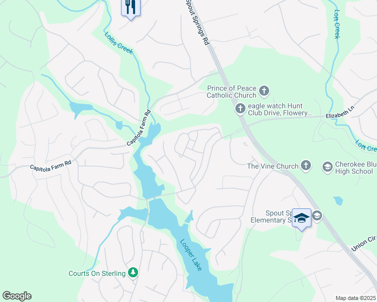 map of restaurants, bars, coffee shops, grocery stores, and more near 6925 Creekstone Place in Flowery Branch