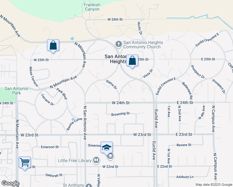 map of restaurants, bars, coffee shops, grocery stores, and more near 2415 Sierra Drive in Upland