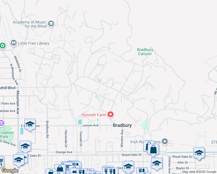 map of restaurants, bars, coffee shops, grocery stores, and more near Deodar Lane in Duarte