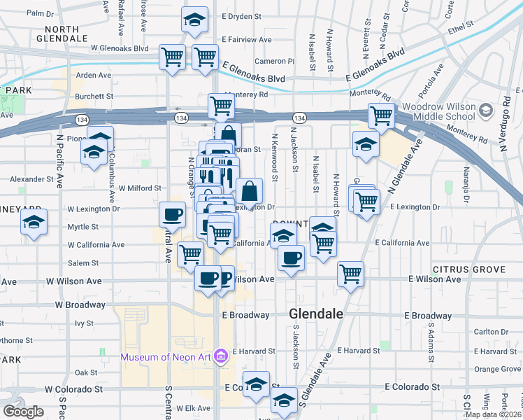 map of restaurants, bars, coffee shops, grocery stores, and more near in Glendale