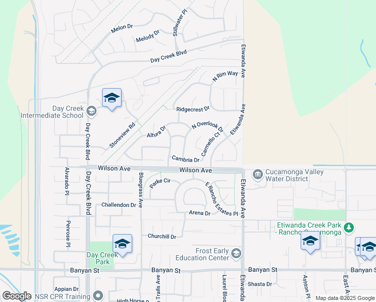 map of restaurants, bars, coffee shops, grocery stores, and more near 5675 West Overlook Drive in Rancho Cucamonga