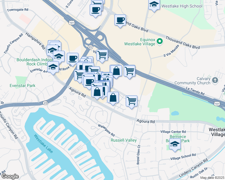 map of restaurants, bars, coffee shops, grocery stores, and more near 2965 Winding Lane in Westlake Village