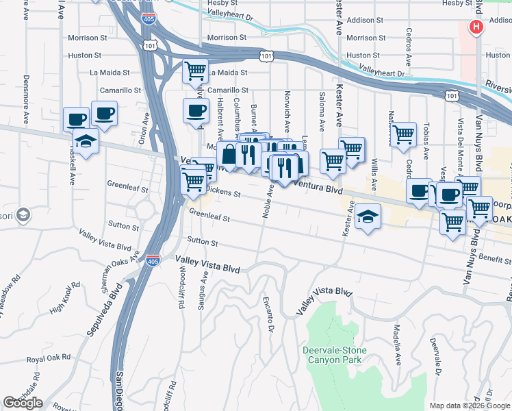 map of restaurants, bars, coffee shops, grocery stores, and more near 15112 Dickens Street in Los Angeles