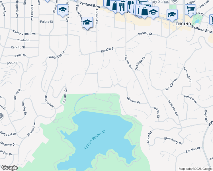 map of restaurants, bars, coffee shops, grocery stores, and more near 17419 Sumiya Drive in Los Angeles