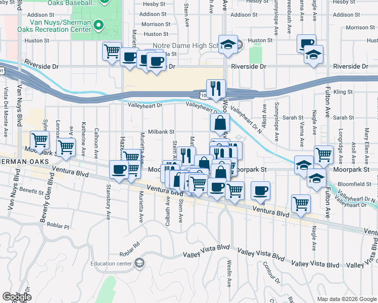 map of restaurants, bars, coffee shops, grocery stores, and more near 4447 Matilija Avenue in Los Angeles